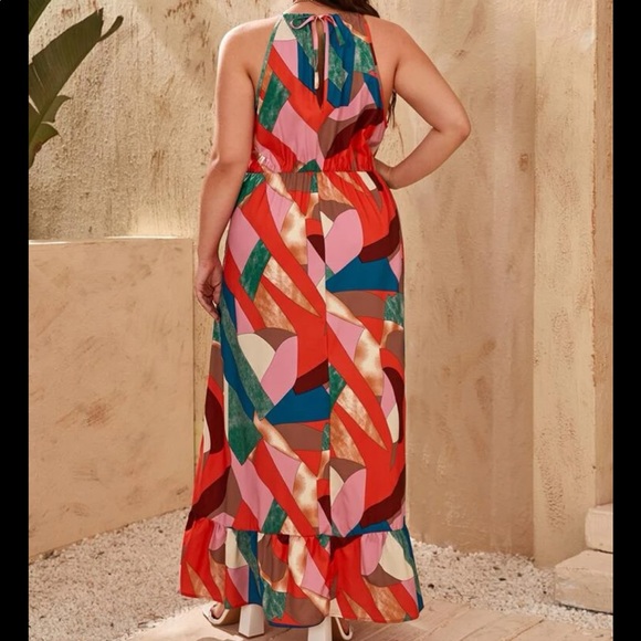 Boho Plus Size Bohemian Color Block Water Color Abstract Print Halter Maxi Dress - Picture 2 of 7